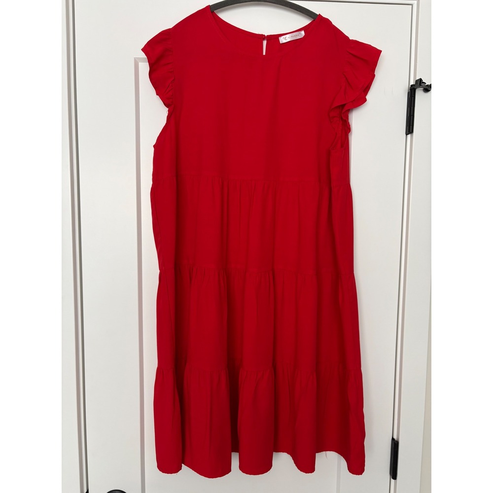 KIRUNDO  Feminine Paris aromantic Red Tiered Babydoll Mini Ruffle Cap Sleeve  L
